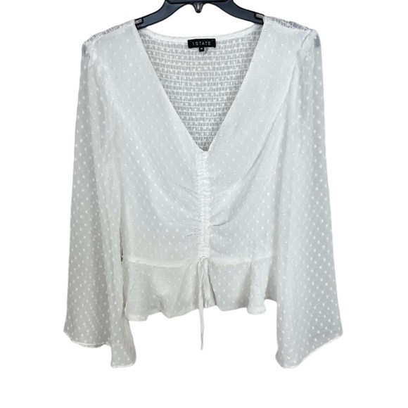 1. State Gorgeous white chiffon peplum v-neck bell long sleeves blouse top M - Picture 1 of 11